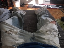 jeawhiz: sk8erpigvienna: At faggotboy’s home alone while he’s at work part 1 I love how your jeans look, all ripped and pissed! Looks so comfortable to wear! 