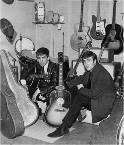 theswinginsixties:  George Harrison and John Lennon  &ldquo;I like this one George&rdquo;