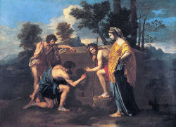 artmastered:  Nicolas Poussin, Et in Arcadia ego, 1637-38, oil on canvas, 121 x 185 cm, Musée du Louvre, Paris A group of shepherds dressed in classical attire surround a large stone tomb. Two of these figures point to a memorial inscription on the