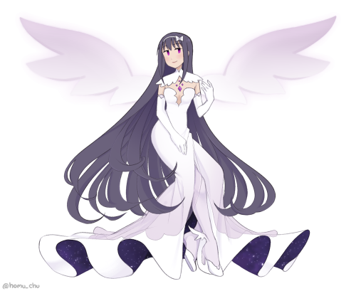 homura-chu:Ultimate MadoHomu  ☆   ★ Homura, the law of recycles; Madoka, the law of cycles. The roles they play in my pmmm AU, NodoMagi. Did a bit of a redesign for Madokami’s dress, and designed a new Homukami dress. ^^Twitter
