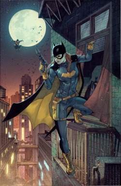 batboyofburnside:  🌕 I love her burnside suit :) 💛💙  Also, how did NIGHTWING EVEN GET UP THERE  Happy Birthday Stephanie Brown 💜Aug 11,1992 @theblondebat SORRY IM LATE  Art by: Bryan Valenza (deviant art) 