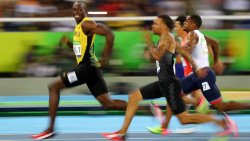 thesoftghetto:   jap-92:  thesoftghetto:  Bolt outchea just playin..  Legit. Hes not even close to a full sprint.  look at this shit “why did i even attempt, bruh? fuck an olympics” 