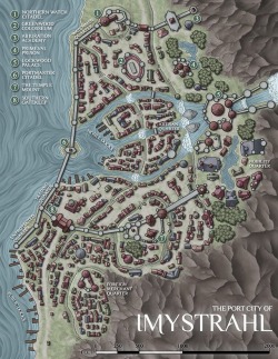 venatusmaps:A commissioned map of the Port City of Imystrahl! Part of the Primeval Thule setting by Sasquatch Games. Please do not ask me why there are six ‘quarters’, why the palace is that close to the prison, or if it’s really feasible to live