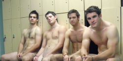 lovegaycuminmymouth:  Just a group of guys, hanging out naked, no homo. Yea right! 