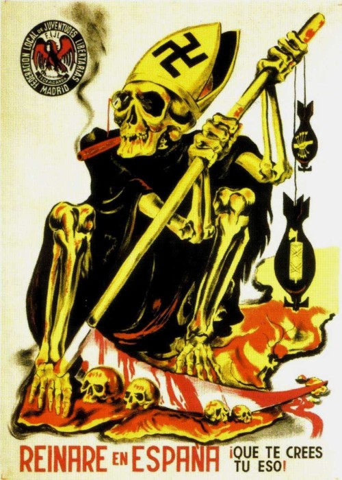  Anti Falangist propaganda poster in Spain, during the Spanish Civil War. Christianity with Nazism and fascism.https://painted-face.com/