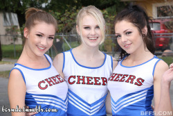 Mr. Crude got a surprise visit from three cheerleaders. When he asked, “To what do I owe this pleasure?” Megan replied, “All that jumping up and down and spreading our legs got us horny! We thought about helping each other but Lily suggested we