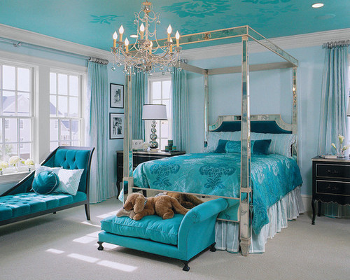 Black white and turquoise bedroom