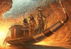 ancient-egypts-secrets:    The solar barge by Johan Grenier  From left to right: Khepri, Sobek and Hathor.  
