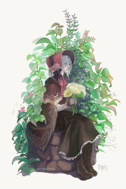cypritree:  Daydreaming Doll“Welcome home, good hunter.” The plain doll prays and waits patiently for good hunter’s safe return. Polished up a sketch I had from last year. Had a therapeutic time practicing painting leaves. Enjoy some closeup details!