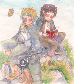 cross-mountain:  Frodo and Sam, watercolors from a few weeks ago. I’m thinking this is rather early in the Quest because Frodo looks happy? Painting these little doodles is the most fun for me but sadly they’re also the ones I start disliking much