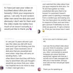 yesterday @emilysears and i had a @buzzfeed video go live where we talked about receiving unsolicited dick pics from strangers online and what we are doing to try to stop men from thinking this behaviour is okay. i wanted to share these responses, just