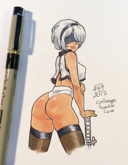 pinupsushi: A tiny doodle of 2b and a new outfit that allows her a greater range of unrestricted movement.   Not sure if you can technically call what she is wearing “shorts”… but it’s what I am calling them. 