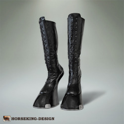 training-your-property:  horseking-design:  Draft horse boots with shiny surface and stainless steel horseshoes.  Knee high and ankle boot version, matt black leather.     Necessary gear for a proper pony.  Every beast used as a work or driving horse