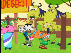 In this episode of Johnny Test (”Johnny of the Jungle”), Johnny and Dukey decide to moon a pair of Wildebeests. Dukey is sporting blue boxers with red polka-dots and Johnny is wearing white boxers with red stripes. 