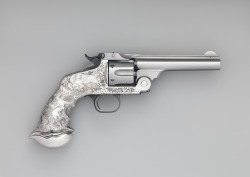 design-is-fine:  Tiffany &amp; Co., Smith and Wesson, .44 Single Action Revolver, 1888. Steel, silver. Via Metropolitan Museum.  Between about 1880 and 1905, Tiffany &amp; Co. embellished a series of deluxe handguns for the nation’s leading firearms