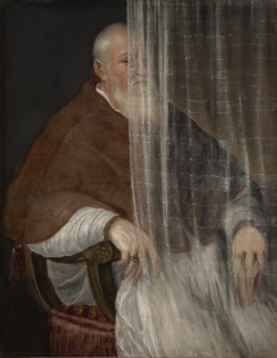 philamuseum:  The Archbishop’s cloak, or mozzetta, today appears red, but Titian originally painted it a deep purple. The color has changed because the blue pigment, a coarsely ground blue glass called smalt, has degraded over time and is now colorless.