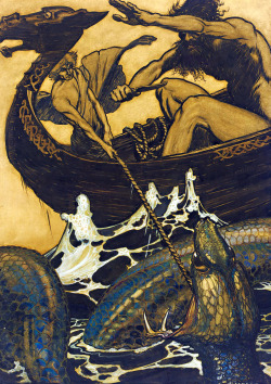 shear-in-spuh-rey-shuhn:  ARTHUR RACKHAMSea Battle (Stories From The Edda)Watercolor, Ink and Gouache on paperboard15.5” x 11.5” 