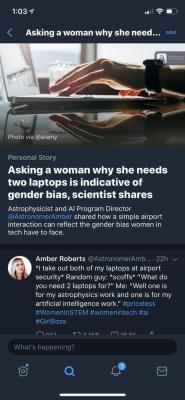siryouarebeingmocked:  Airport security guy   Random guy in airport   asks Astronomer Amber Roberts why she needs two laptops.She decides he only asked out of sexism.  Face palm? Mmm let it go&hellip;