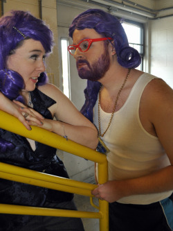 A friend and I had a cosplay contest to celebrate getting tickets to Comic-Con. We did Rarity, and to make it fair, we both started with the same wig. As you can see, we took it in very different directions. (Also, having such bad posture in really hard)