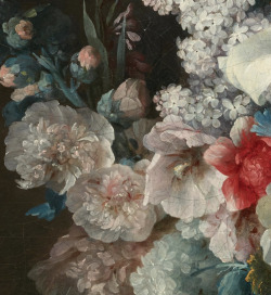 detailsofpaintings: Anne Vallayer-Coster, Bouquet of Flowers in a Terracotta Vase with Peaches and Grapes (details) 1776 