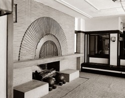 prairieschoolarchitecture:  Frank Lloyd Wright, The Geneva Inn, Lake Geneva, Wisconsin, 1911, demolished in 1970 after a fire. photo by Richard Nickel for the Historic American Building Survey lobby fireplace 