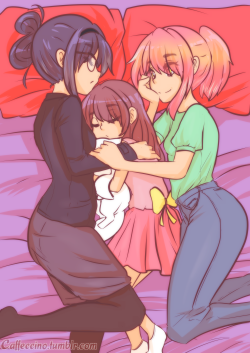 Madoka and Homura cuddling up for a nap with Nodoka~ This was from my multistream with @homura-chu of her domestic madohomu au @ v @ Sadly my computer crashed about halfway through, so I really rushed to refinish what was lost u ^ u 