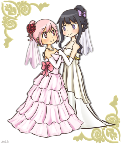homura-chu:  Ahh I finally finished it! :3 caffeccino suggested some MadoHomu wedding pictures, and yes, I definitely wanted to draw some madohomu marriage. @//w//@