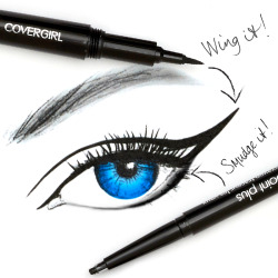 covergirl:  Doubling up on our top lid lines for a 2-step cat-eye upgrade:Wing it up with Bombshell Intensity Liner in Pitch Black Passion 800 Smudge it down with Perfect Point Plus in Black Onyx 200 Find the essentials at www.covergirl.com and rock your