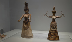 greek-museums:  Archaeological Museum of Heraklion:  The snake goddesses’ figurines, the most important cult  objects from the Knossos Temple Repositories. The center of the palatial cult was the “Central Palace Sanctuary“, an organized complex