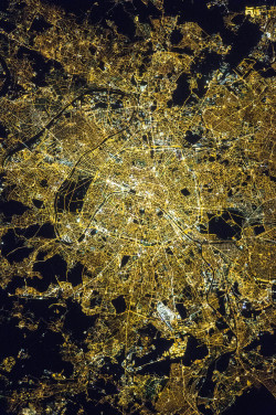 itsfullofstars:   The City of Lights At Night Around local midnight time on April 8, 2015, astronauts aboard the International Space Station took this photograph of Paris, often referred to as the “City of Light.”   