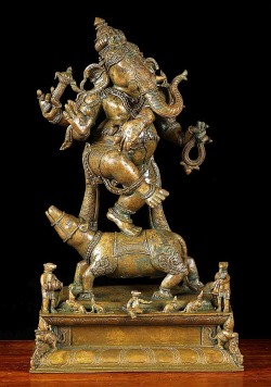 lotussculpture:  Bronze Mooshika Ganesh with Rats 18” The delightful Ganesh dances atop his vehicle a large rat while a band of 7 rats plays music on the base. Ganesh is dancing in a posture much like that of his father, Shiva, in the Nataraja pose.