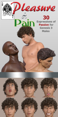  Pleasure and pain  comprises 30 facial expressions for DAZ&rsquo;s GEnesis 3 males. Subtle, not  so subtle, tender, amorous, lustful, horny, sleepy, and in the afterglow  of sweet sweet lurve, these expressions are all modelled on actual  people to refle