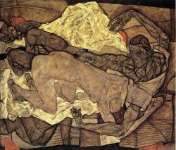 expressionism-art:  Lovers Man and Woman via Egon SchieleSize: 119x139 cmMedium: oil on canvas