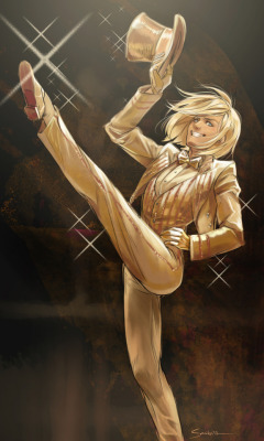 saniika:  Can, can, HE CAN form a CHORUS LINE! I gotten several asks for Yurio in Can Can picture and I wanted to see him so badly in this golden outfit from Chorus Line - I mean - gold and out off spite! “Haha - suck it up Yuuri, kiss my as Victor”