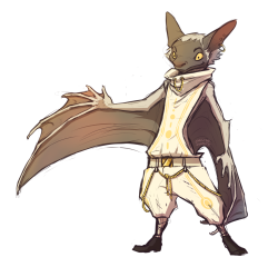 jackthevulture:  Character prompt for a gracefully built anthro bat with elegant clothing. I like thinking of the loose, baggy clothing bats might wear to make room for their wings. And I’m addicted to high collars. 