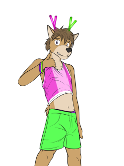 Deer dude in a goin’ out dancin’ outfit.  So I have a head cannon that deer and other horned beast dudes get their horns cut off for safety and cultural reasons.  As such, there’s an industry that specializes in prosthetic horns, where they can