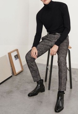 norsis: norsis: Black Black turtleneck, dark grey pattern (tailor fit) pants and full-grain black leather boots… timeless 