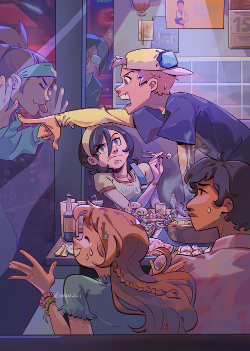 alicenpai:HOTPOT WITH THE GANG!!!!!!!!!!!!! 🍲🍚🍜for AndytheLemon’s Bleach fashion zine a while back! I did cheesy 90s fashion in a hotpot setting