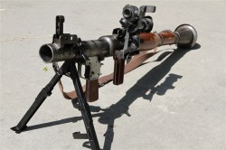 45-9mm-5-56mm:  gunrunnerhell:  RPG-7 The instantly recognizable and equally feared rocket propelled grenade launcher that’s seen much of its action in the Middle East. This one is a fairly complete display, minus the inert rocket though. The bipod
