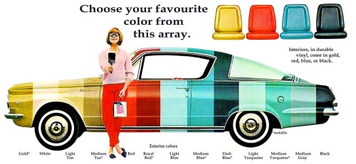 carsthatnevermadeitetc:  Plymouth Barracuda, 1965. Plymouth wanted to show off the fact that the Barracuda was available in greater range of colours than Ford’s Mustang, hence a Cuda striped with 17 colours