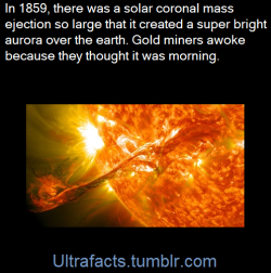ultrafacts:The solar storm of 1859, also known as the Carrington event, was a powerful geomagnetic solar storm in 1859 during solar cycle 10. A solar coronal mass ejection hit Earth’s magnetosphere and induced one of the largest geomagnetic storms