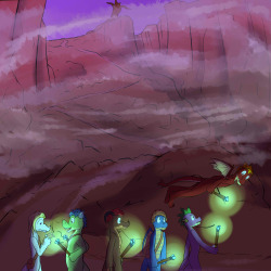 Spike’s Quest - Chapter 7[P 165]The six descended down the path, torches in hand into the darkness.  A haze of clouds started to become denser the further they walked down the path.&ldquo;Woah, this crater goes down really far,&rdquo; Mangle said floating