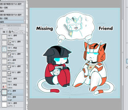 eikuuhyoart:  Work in progress of the Perceptor+Ratchet+Drift kittyformers print. I still have more detailing/shadowing to add, but the more I work on this, the more I’m missing Drift… orz