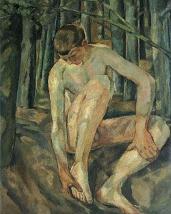 art4gays:  drifterdax:  DRIFTER OF THE DAY  Albert Weisgerber (1878 - 1915)  - Seated male nude Naked young man against tree trunks sitting on the forest floor. Oil on canvas (1912)   (via TumbleOn) 