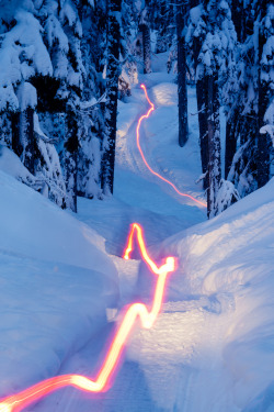 ata-raxie:  Over the Hills and Through the Woods by Tim PeareLong exposure of a snowmobile traveling through a winter landscape 