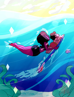 jen-iii:  @artemispanthar brought it to my attention that in the Steven Universe Mad Libs book, it said that Garnet loves to surf and my IMMEDIATE thought was that she brings Steven along and I just had to draw it (also looped ‘Hawaiian Roller Coaster