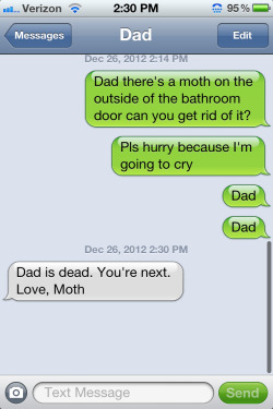 twentysomethinghussy:  impatienthearts:  This reminds me of Larry  Hahaha I’m so glad you remembered my tragic fear of moths.     Oh my god my dad would do this