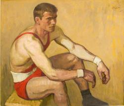 grundoonmgnx:   Герасим Артемович   Киракозов   (род. 1928, Моздок)   Gerasim Artemovich Kirakozov (Russian, b. 1928), Portrait of Weightlifting Champion, V. Rybkin, 1965 Oil on canvas. 102 x 119.5 cm 