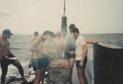 hound-actual:stunningpicture:   I found a photo of my Dad cooking a barbecue on top of a moving Submarine   Just Cold War things