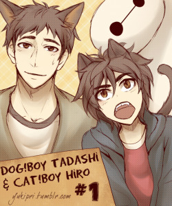 yukipri:  Big Hero 6 Catboy/Dogboy AU!  Part 1I said I’d draw one, ages ago, and I finally got around to it.  Were you expecting sexy catboys and dogboys? WRONG.  This is an AU where they act, very literally, like cats and dogs.  And lemme tell